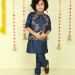 Ministitch Woven Full Sleeves Solid Kurta Pyjama With Floral Gold Zari Embroidered Jacket Set - Teal-picture-12