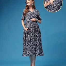Zelena Rayon Woven Half Sleeves Floral Printed Maternity Dress With Front Open Nursing Access - Blue-picture-13
