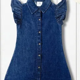 Creative Kids Cotton Woven Frill Sleeves Washed Shirt Style Dress - Dark Blue-picture-12