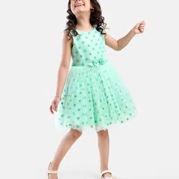 Babyhug Sleeveless Party Frock Glitter Print with Corsage - Sea Green image 2