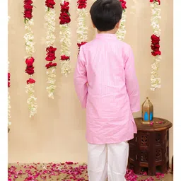 BownBee Pure Cotton Woven Full Sleeves Foil Striped Kurta Pyjama - Pink image 3