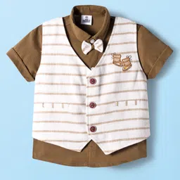 Mini Taurus Sinker Knit Half Sleeves 3 Piece Party Suit with Stripes Pocket Embroidery Detailing & Bow Applique - Brown & White image 2