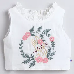 Many frocks & Rayon Woven Sleeveless Floral & Bunny Embroidered Beads Embellished Lehenga Choli With Dupatta Set - White & Pink image 3