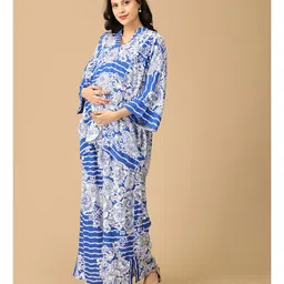 The Mom Store Cotton Knit Three Fourth Bell Sleeves Floral Printed Maternity Kurta With Coordinating Palazzo & Concealed Zipper Nursing Access - Blue image 4