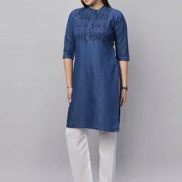 SK Creation Mandarin Collar Pleated Denim Straight Kurta image 4