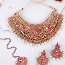 Anouk Gold-Plated Pink Floral Kundan & Pearl Choker Necklace Set-image-45
