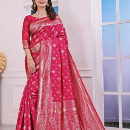 VASTRAAVEDAA Ethnic Motifs Woven Design Zari Banarasi Jacquard Saree with Blouse Piece-image-17