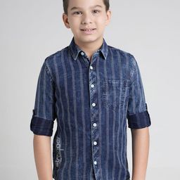 UNDER FOURTEEN ONLY Boys Comfort Fit Vertical Striped Spread Collar Cotton Casual Shirt-picture-19