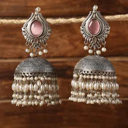 VENI 92.5 Silver-Plated Oxidised Stone Studded & Beaded Jhumkas image 1