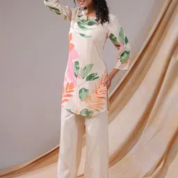 JISORA Printed Notch Neck Russian Silk Tunic With Palazzo Co-Ords image 2