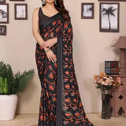 DIVASTRI Floral Printed Satin Saree-picture-24