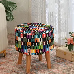 NACIA 2 Pieces Black & Blue Printed Cylindrical Shape Wooden Ottomans image 5