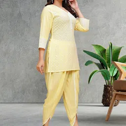 HERE&NOW Women Yellow Ethnic Motifs Embroidered Regular Chikankari Kurta with Dhoti Pants image 3