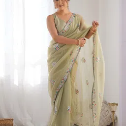 ODETTE Light Green Net Sequins Embroidered Saree With Unstitched Blouse-picture-29