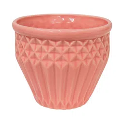 GLOBALLY INDIAN Peach-Coloured & Gold Toned Textured Ceramic Planter With Stand image 3