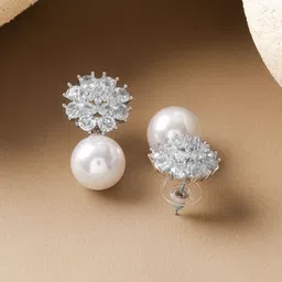 Rubans Rhodium-Plated Cubic Zirconia with White Pearls Drop Floral Studs image 5
