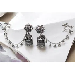 MEIRA JEWELLERY Silver-Plated Artificial Studded & Beaded Oxidised Dome Shaped Jhumkas image 3