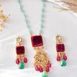 DASTOOR Brass Plated Stone Studded & Beaded Necklace and Earrings-picture-41
