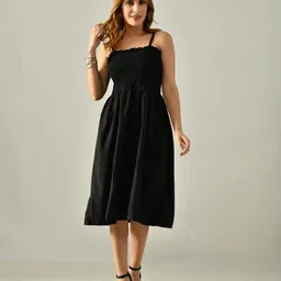 CORSICA Women Black Viscose Rayon With Shoulder Fit & Flare Midi Dress-picture-16