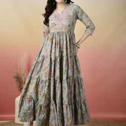 GLAM ROOTS Floral Printed Thread Work Cotton Tiered Anarkali Kurta-picture-31