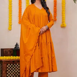 Rasokurti Women Tiered Thread Work Pure Cotton Kurta with Trousers & With Dupatta image 5