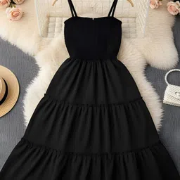 deklook Women Black Solid Puff Sleeves Cotton Fit & Flare Midi Dress image 3