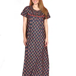 evolove Women Ethnic Motifs Print Pure Cotton Maxi Nightdress-image-49