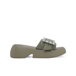 NR By Nidhi Rathi Women Olive Green Wedge Heels with Diamond & Denim Detailing image 2