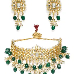 LAIDA Women Gold-Plated & Green Kundan Studded Jewellery Set image 2