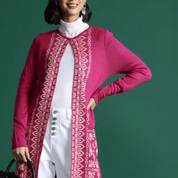 Sangria Acrylic Ethnic Motif Self Design Longline Cardigan-picture-40