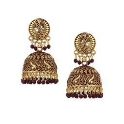 ANIKAS CREATION Gold-Plated Maroon Enamelled Dome Shaped Jhumkas image 2