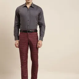 SOJANYA Men Maroon & Grey Checked Smart Fit Trousers image 2