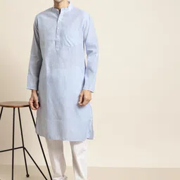 SOJANYA Men Blue & White Striped Kurta with Churidar image 3