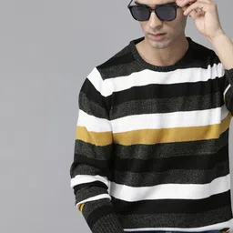 Roadster Men Black & Mustard Striped Pullover-image-9