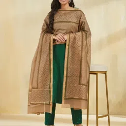 Fabindia Brown Cotton Silk Hand Block Printed Dupatta image 1