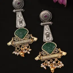 ABDESIGNS Gold-Plated Stone Studded & Beaded Classic Drop Earrings image 5