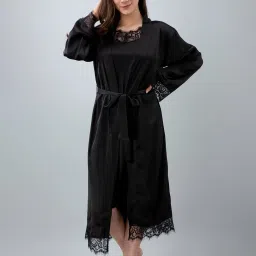 Pretty Loving Thing Black Satin Solid Nighty With Robe image 1