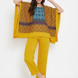 The Kaftan Company Mustard Printed Kaftan With Pyjama Set-picture-27
