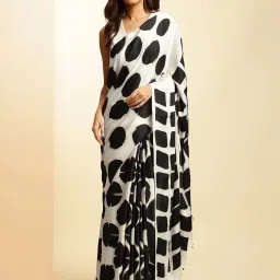 navyasa by liva White & Black Printed Saree With Unstitched Blouse image 1