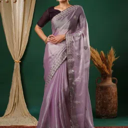 Satrani Purple Embroidered Saree With Unstitched Blouse image 1