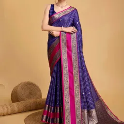 Satrani Blue Silk Woven Saree With Unstitched Blouse image 1