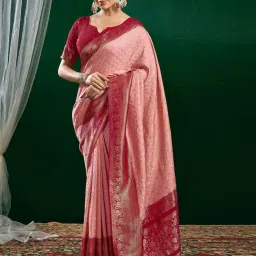 Satrani Rose Pink & Red Woven Saree With Unstitched Blouse image 1