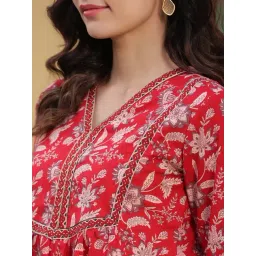 Rain and Rainbow Red Cotton Floral Print A Line Kurti image 5