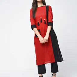 ANIYAH Colourblocked Pure Cotton Boat Neck Tassels Straight Kurta-picture-20