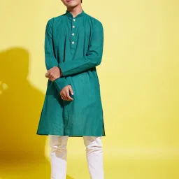 VASTRAMAY Boys Green Cotton Self KurtaSets image 1
