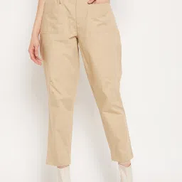 Madame Beige Cotton Relaxed Fit Solid Trouser image 1