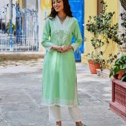 savi india Savi Green Cotton Straight Embroidered Kurta kurtis image 1