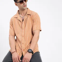 showoffff SHOWOFF Brown Cotton Relaxed Fit Stripes Shirt image 1