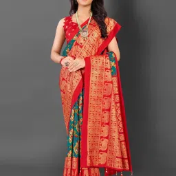 Saree Mall Blue Printed Sarees With Unstitched Blouse image 1