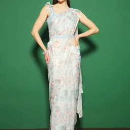 Saree Mall Turquoise Embellished Sarees With Unstitched Blouse image 1